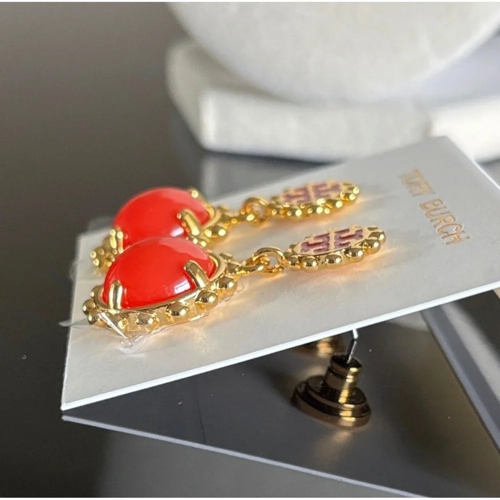 Tory Burch Miller Roxanne Drop Earrings Red Gold Logo Enamel Cabochon Dangle NWT